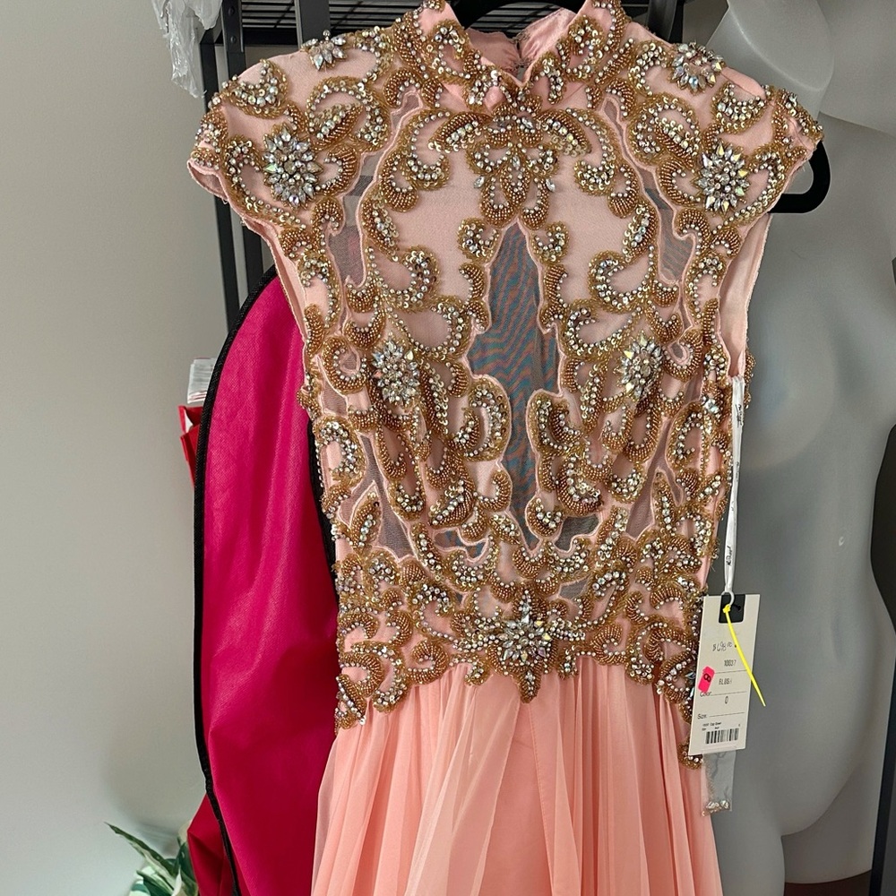 NWT Mac Duggal Couture Pink and Gold Embellished Gown